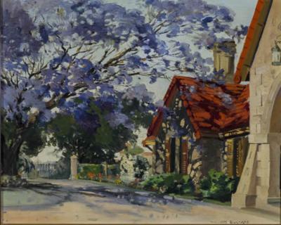 MoB art collection includes this evocative 1950s Brisbane work: MoB_Jacaranda-in-bloom at Farsley Hill, Hamilton by William Bustard. It is oil on canvas on board. Purchased 2014.Museum of Brisbane Collection. 