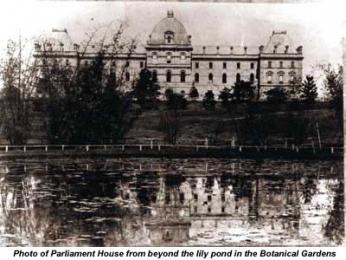 Queensland Parliament House in the late 1800s as viewed from the Botanical Gardens pond.