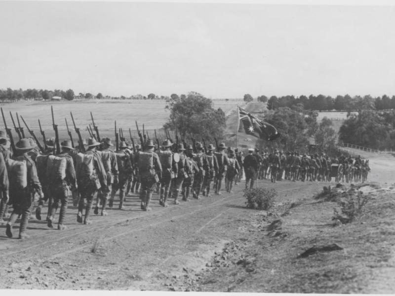 Soldiers marching off to war